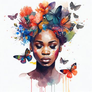 Aquarel vlinder Afrikaanse vrouw #4 van Chromatic Fusion Studio
