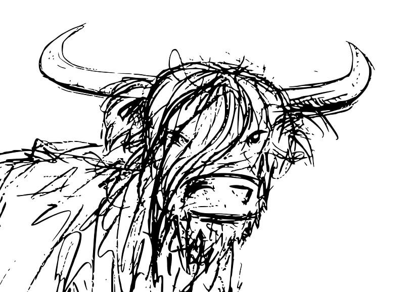 Stoere inkt pen illustratie van een stier met grote hoorns van Emiel de Lange