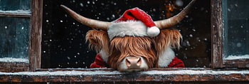 Schotse hooglander in kerststijl aan het raam