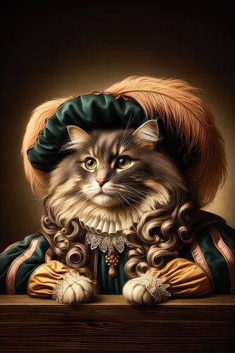 Long-haired cat in costume with feather on hat