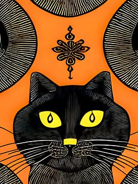 Decoratieve zwarte kat met orange achtergrond - digitale illustratie van Lily van Riemsdijk - Art Prints with Color