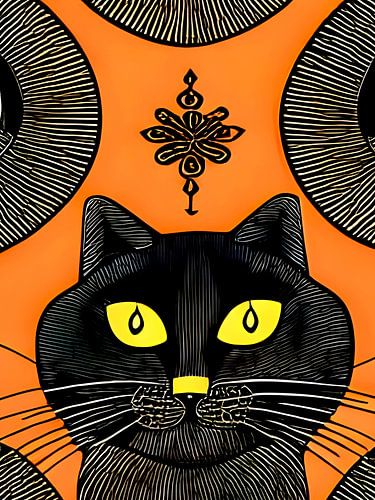 Decorative black cat with orange background - digital illustration