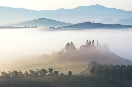 Italy Tuscany Podere Belvedere in Val d'Orcia with fog