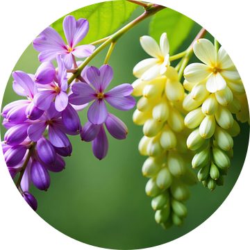 Paarse en gele bloemtrosjes op tak van Markus Gann