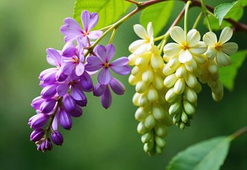 Lila und gelbe Blütenbüschel auf einem Zweig von Markus Gann