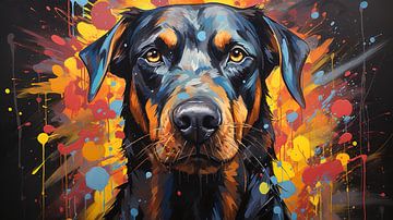 Peinture d'un visage de chien Dobermann avec des éclaboussures de peinture colorée sur Animaflora PicsStock