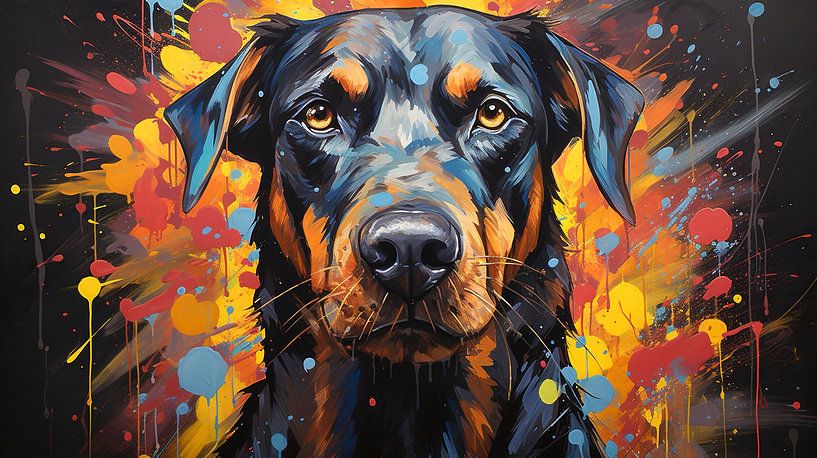Gemälde eines Dobermann-Hundegesichts mit bunten Farbspritzern von Animaflora PicsStock