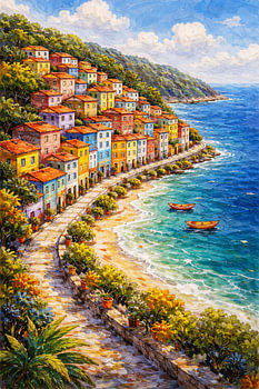 Peinture représentant un village côtier italien haut en couleur