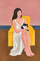 Minimalist Woman with Cat in Yellow Chair, Modern Figurative Pop Art Print