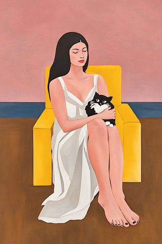 Minimalistische vrouw met kat in gele stoel, moderne figuratieve pop-artprint