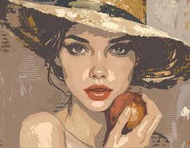 Woman with large wicker sun hat and apple minimal art by Emiel de Lange