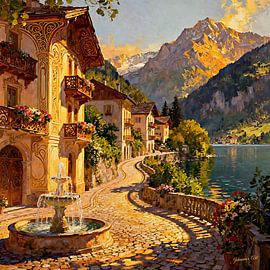 Romantisches Dorf – Goldenes Licht am See von Johannas Art Creations