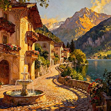 Romantisch dorp – Gouden licht bij het meer van Johannas Art Creations