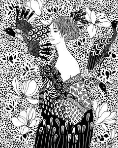 Dame mit Fächer (schwarz und weiß)