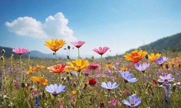 Een bloemenveld met een blauwe lucht op de achtergrond