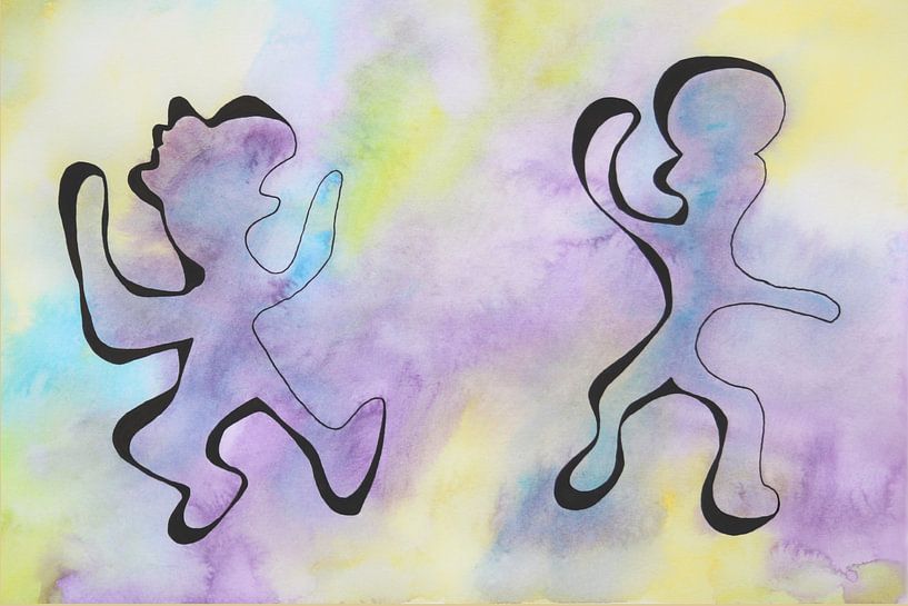 gelb blau 5 Aquarell von fröhlich tanzenden Figuren im Linienstil von Studio Miandala