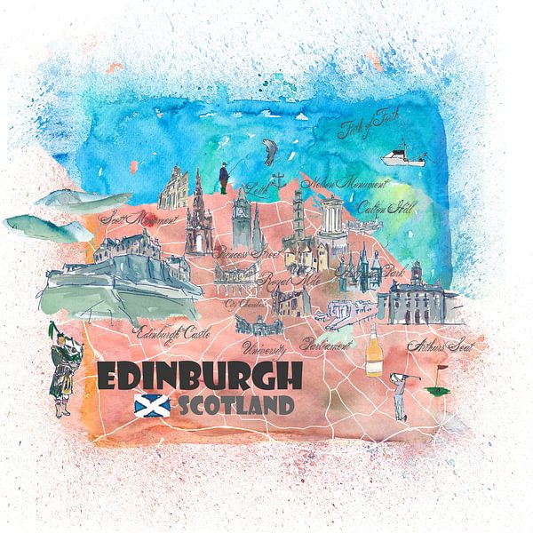 Illustrierte Karte von Edinburgh Schottland mit Sehenswürdigkeiten und Highlights der Hauptstraßen von Markus Bleichner