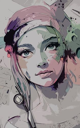 Portret grijs tint mos groen en zalm roze