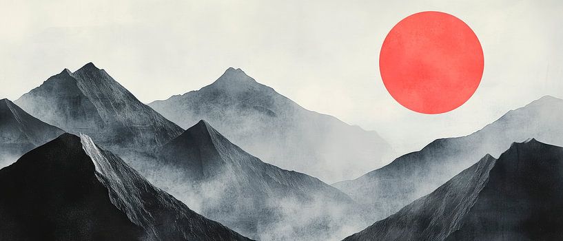 Berglandschaft mit roter Sonne von Poster Art Shop