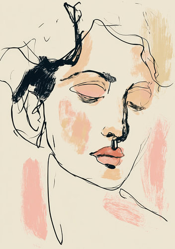 Abstract line drawing of a woman with delicate pastel accents