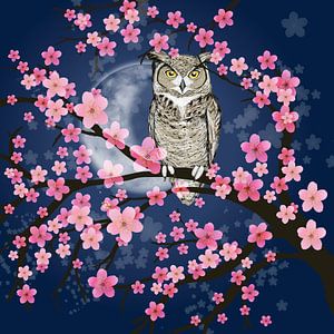 Hibou grand-duc d'Amérique dans un arbre en fleurs