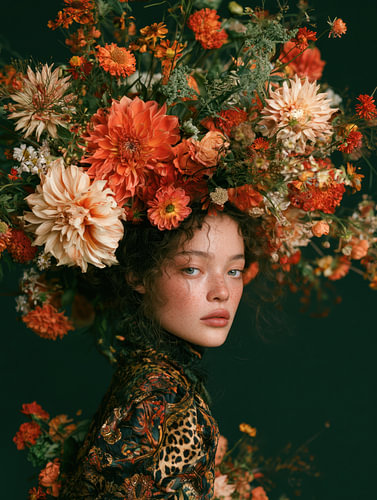 Fine Art Vrouwenportret met Weelderige Herfstbloemen en Luipaardprint van Egon Zitter