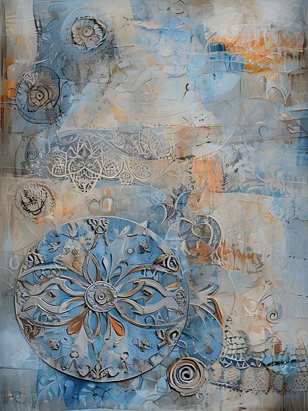 Ingewikkeld abstract gemengd media kunstwerk in zachte kleuren van Ljupka Kareska