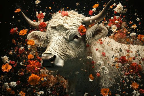 Flower Breeze - White Taurus enveloped by Colourful Blossoms