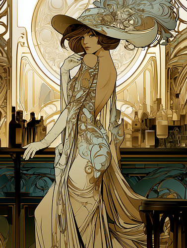 An elegant woman in an Art Deco bar.