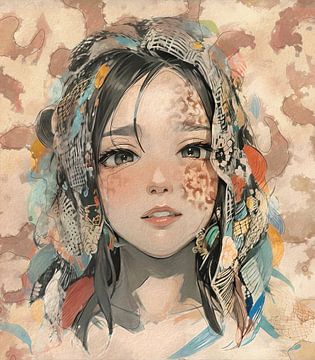 Kleurig portret van een anime meisje met prachtige afrikaanse kleuren van Emiel de Lange