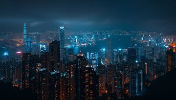 Skyline van Hong Kong in de nacht artistiek panorama van TheXclusive Art