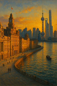 Reflexionen bei Sonnenuntergang am Bund