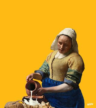 Vermeer Milkmaid as Milk Spill Girl - pop art mustard yellow by Miauw webshop