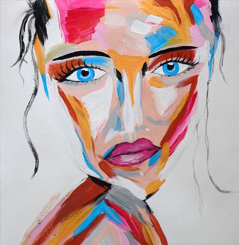 Topaz Secret - Kleurrijk abstract portret van mysterieuze vrouw met blauwe ogen