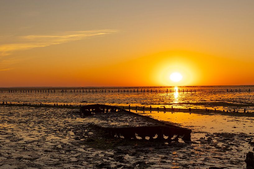 Wadden Sea, sunrise at Paesens Moddergat (Shipwreck of Wierum) by Gert Hilbink