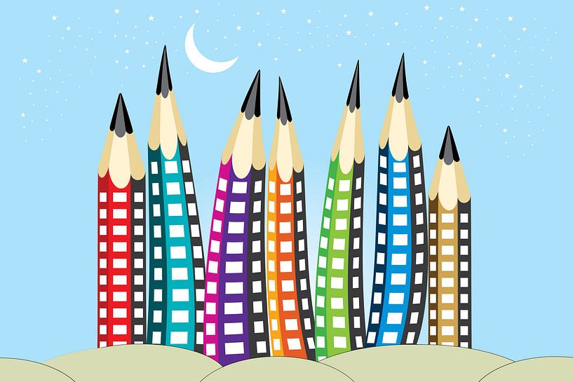 Bleistifte wie Wolkenkratzer vor einem hellblauen Himmel von Henny Hagenaars