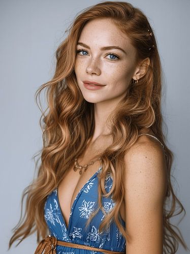 Porträt Charlotte, 22 Jahre - Zeitlose Eleganz, lässt den Raum erstrahlen, blaue Augen, blaues Kleid