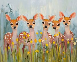 Garden Deer | Five Deer in Garden by Eye catching paintings