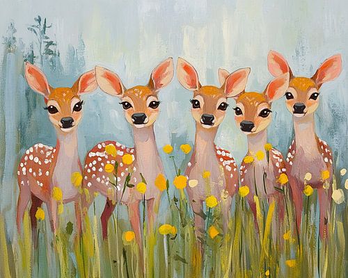 Garden Deer | Five Deer in Garden by Eye catching paintings