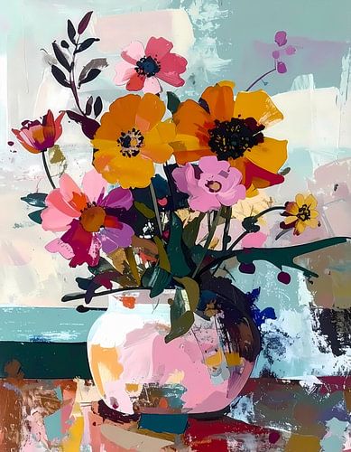 Vaas met bloemen - Modern expressief - penseelstreken en abstracte kleurige vlakken