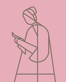 Letter reading woman abstract illustration on pink with grey lines by Michel Rijk