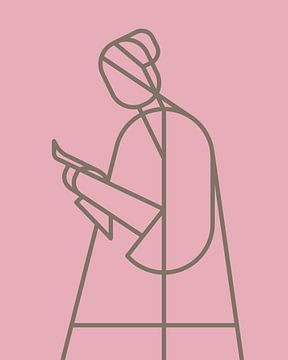 Brieflezende vrouw abstracte illustratie op roze met grijs lijnenspel van Michel Rijk