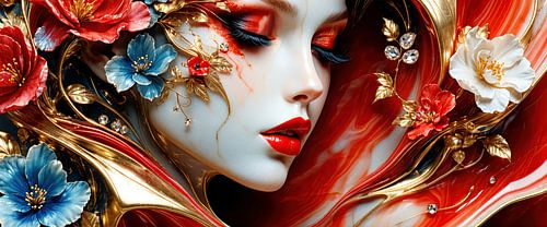 Een vrouwengezicht als van albast - Een sensuele rode mond omlijst door gloeiende bloemen, goud en rood marmer