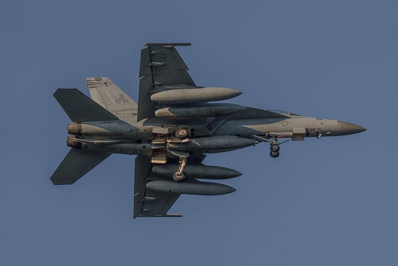 Atterrissage du Boeing F/A-18F Super Hornet de la marine américaine. par Jaap van den Berg