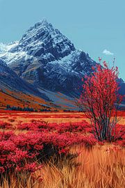 Herbstlandschaft mit rotem Baum und Schneeberg von Art & Soul Creations