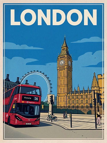 Vintage Travel Poster: London – Big Ben, Red Double-Decker Bus and the London Eye