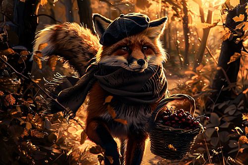 Fox in autumn landscape with basket