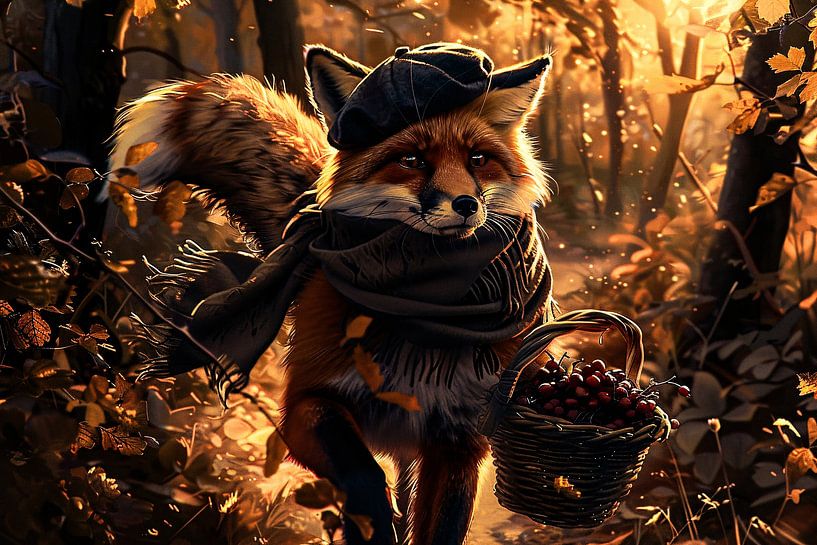 Fox in autumn landscape with basket by Imperial Art House