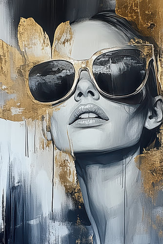 Modernes abstraktes Glamourporträt einer Frau mit Sonnenbrille