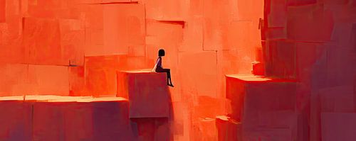 Mädchen und Orange | Sitzender Mädchen in abstrakten Hintergrund